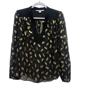 Diane Von Furstenberg Women's 6 Black Gold Top Blouse See Through Lighweight